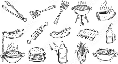 barbecue icons, line art, vector illustration