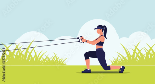Woman Exercising Outdoors with Resistance Band During Sunny Day In Nature