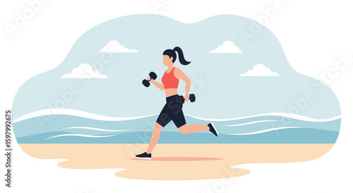 Woman Exercising With Dumbbells on the Beach for Fitness and a Healthy Lifestyle