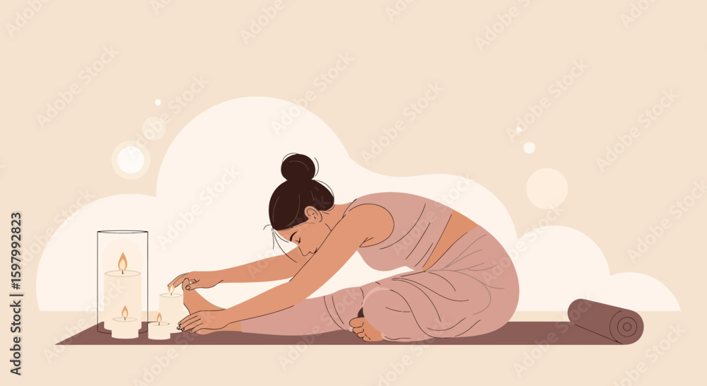 Fototapeta premium Woman Stretching During Candlelit Yoga Practicing Mindfulness And Relaxation
