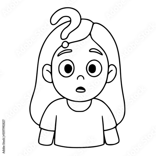 Confused girl cartoon character with question mark on head illustration