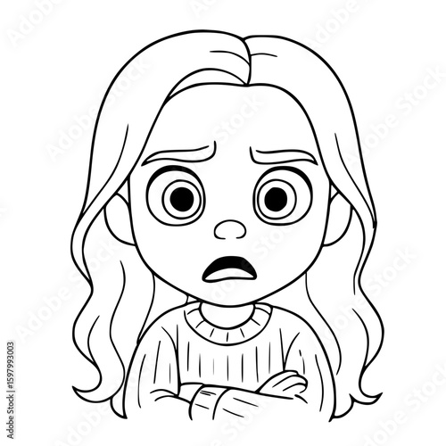 Angry girl cartoon character with frowning eyebrows and intense stare