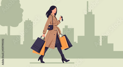 Stylish Woman Enjoys Shopping In The City Wearing An Elegant Trench Coat