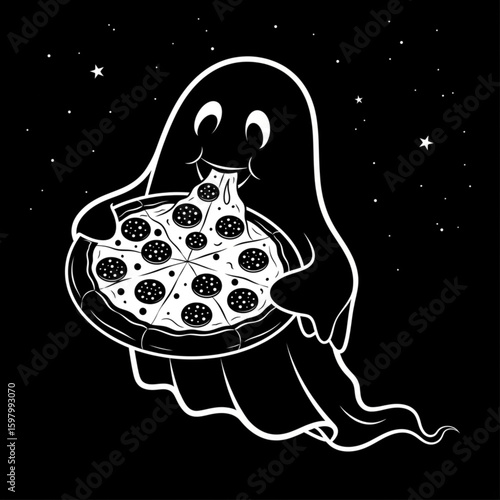 Black Ghost Eating Pizza – Minimalist Spooky-Cute Silhouette Vector Art