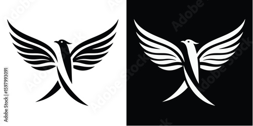 Elegant Stylized Bird Design Black and White Vector Illustration