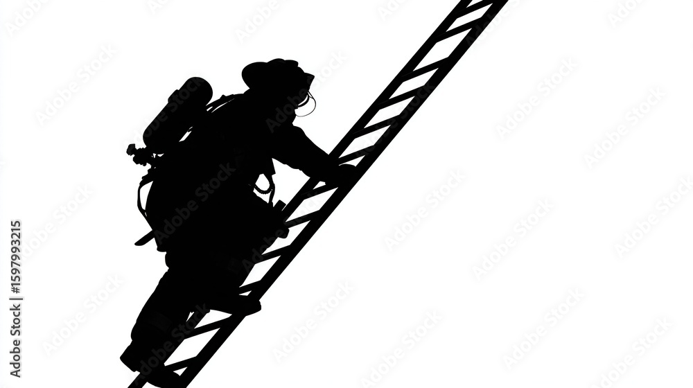 Fototapeta premium Silhouette of a firefighter ascending a tall ladder against a bright white background