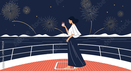 Woman Holding Gift On Ship Deck Under Fireworks Display Celebration Design
