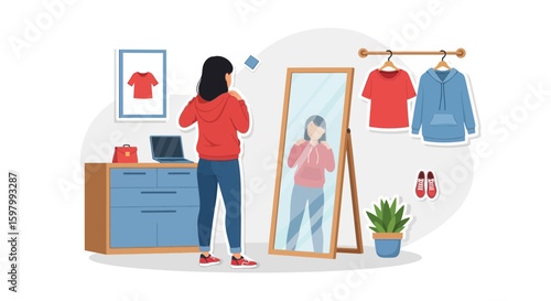 Woman Trying On Clothes In Front Of A Mirror In Her Room With Wardrobe