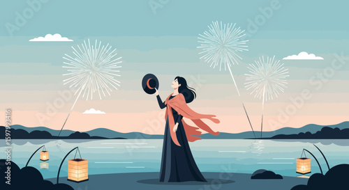 Woman In Elegant Dress Enjoying Fireworks At Riverbank With Lanterns Decoration