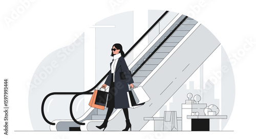 Stylish Woman Walking With Shopping Bags In A Modern Shopping Mall