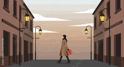Stylish Woman Walking Down The Street In An Old European City During Dusk Time