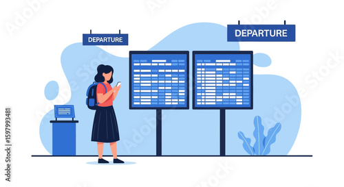 Woman Using Phone While Waiting For Flight At The Airport Departure Board