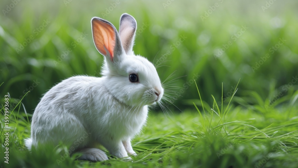 Obraz premium White rabbit in green grass with tall background, adorable and young.