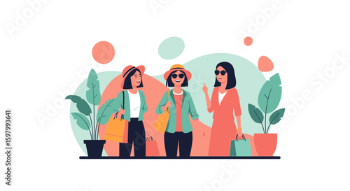 Stylish Women Enjoying Shopping Spree During Sunny Day With Positive Lifestyle