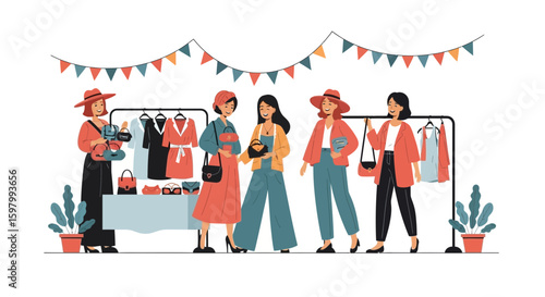 Stylish Women Enjoying A Fashionable Flea Market Shopping For Clothes And Accessories