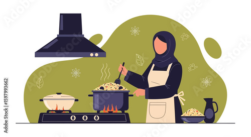 Woman In Hijab Preparing Traditional Middle Eastern Food At Home Illustration
