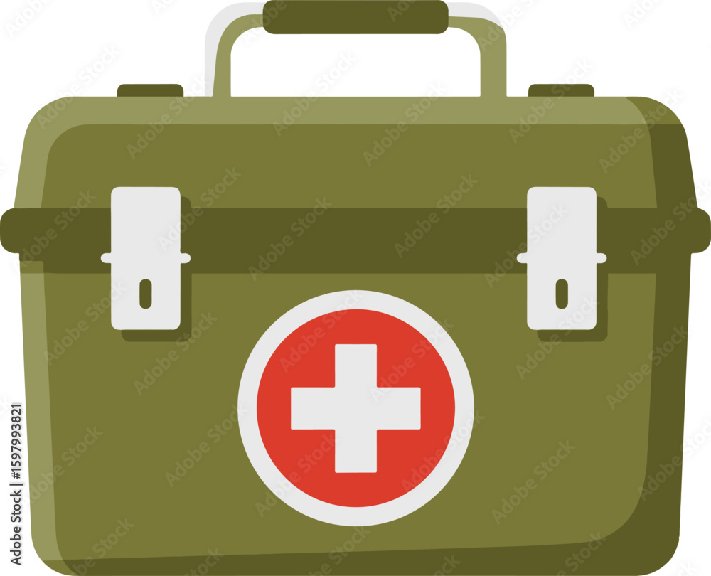 Obraz premium A sturdy, olive-green first aid kit with a red cross, symbolizing medical emergency readiness, health care, and essential safety supplies for various situations