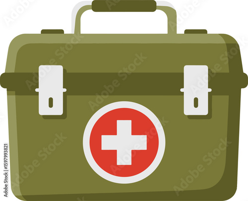 A sturdy, olive-green first aid kit with a red cross, symbolizing medical emergency readiness, health care, and essential safety supplies for various situations