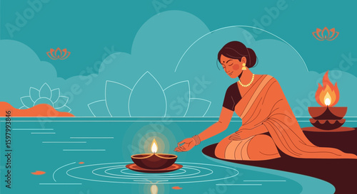 Woman In Saree Lighting Diyas For Diwali Celebrations On Lakeside Setting