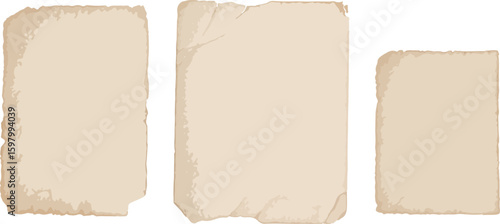 Three vintage paper scraps with torn edges isolated on transparent background