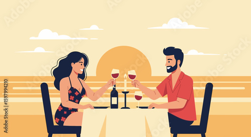 Romantic Dinner With Wine At Sunset On Tropical Beach Vacation