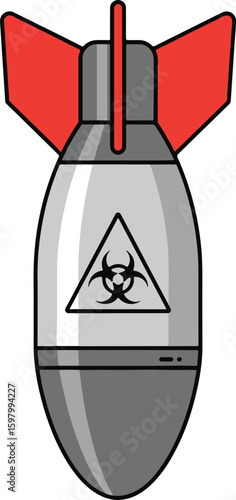 Detailed illustration of a grey and red bomb with a prominent biohazard symbol, representing biological warfare, global threats, and danger