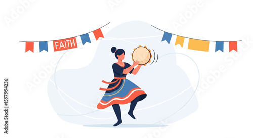 Woman Is Playing Tambourine Celebrating With Bunting Decorations With Faith Banner