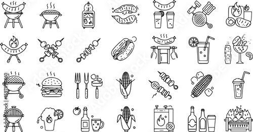 barbecue icons, line art, vector illustration