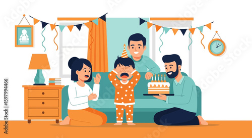 Surprise Birthday Celebration At Home With Family Cartoon Illustration