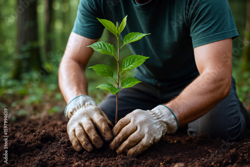 Close-Up of Person Planting Tree Sapling in Soil with Gloves, Green Shirt, Forest Background, Eco-Friendly Nature in 8K Detail