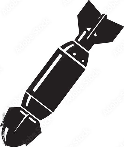 A black silhouette of an aerial bomb, symbolizing military conflict, war, danger, and destructive power, often used in defense, security, and strategic warfare contexts