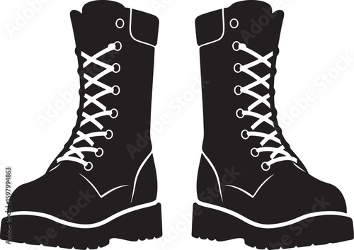 A pair of robust black military combat boots with white laces, ideal for themes of soldier life, army, outdoor adventures, and durable footwear