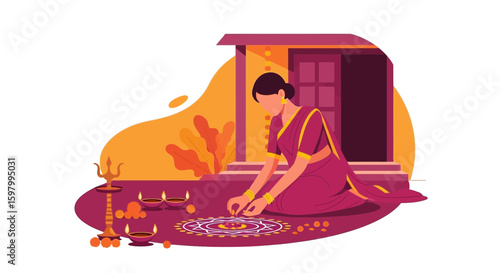 Woman Making Rangoli For Diwali Celebration Near Home Entrance Illustration