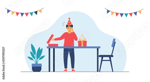 Surprised Man Receiving Unexpected Gift At His Birthday Celebration Vector Illustration