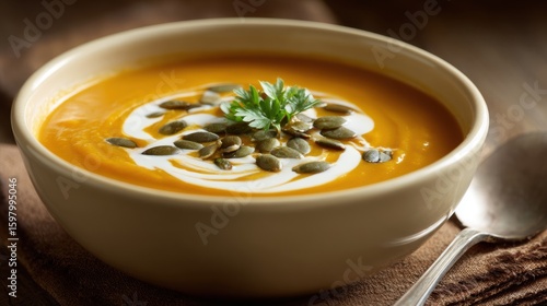 Delicious creamy pumpkin soup garnished with pumpkin seeds and fresh herbs served in a white ceramic bowl on rustic wooden table
