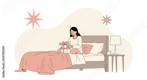 Surprised Woman Opens Present In Bedroom At Home Alone On A Special Day