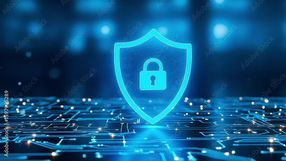 Digital Shield with Lock Symbol in Blue Background Representing ...