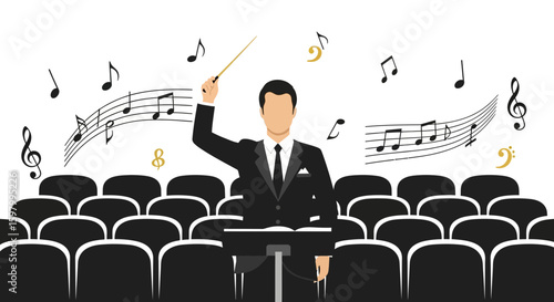 Symphony Conductor Directing Orchestra With Baton And Musical Notes Floating Around