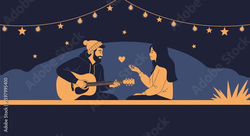 Romantic Evening Serenade Man Playing Guitar For Woman Under Starry Lights