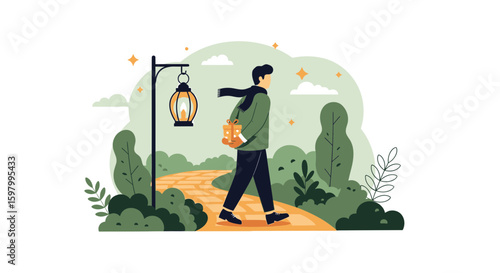Romantic Evening Stroll Presenting Gift On Pathway Under Glowing Lantern