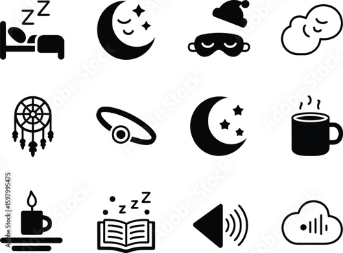 Collection of sleep and relaxation icons in black and white