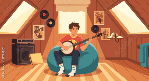 Teenager Plays Banjo In Cozy Attic Music Room With Records And Posters