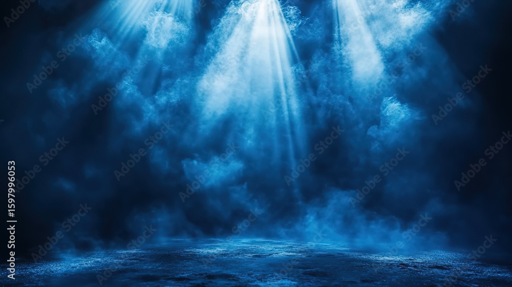 Fototapeta premium Blue - toned Stage with Spotlight and Smoke Effect
