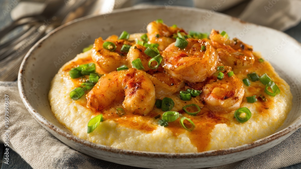 Delicious shrimp and vegetable stew served over creamy mashed potatoes garnished with fresh green onions in a rustic bowl on a neutral background Delicious shrimp and vegetable stew served over creamy mashed potatoes garnished with fresh green onions in a rustic bowl on a neutral background