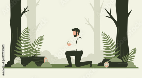 Romantic Forest Proposal Scene Man Kneeling With Ring Among Verdant Foliage