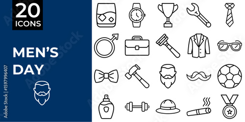 Men's Day icon set featuring various symbols related to men  