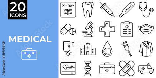 Medical icon set featuring various healthcare symbols and tools  