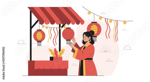 Traditional Chinese Market Scene With Woman Arranging Lanterns Decoration