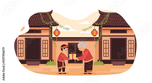 Traditional Gift Giving Between Generations In Southeast Asian Village