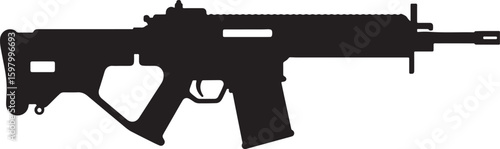 Modern assault rifle silhouette illustration, tactical firearm vector, ideal for designs related to military, law enforcement, shooting sports, and security concepts